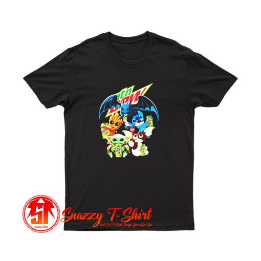 Baby Yoda Groot Stitch Toothless hugging Mtn Dew T Shirt