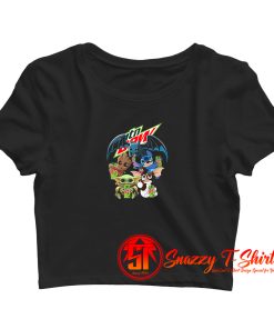 Baby Yoda Groot Stitch Toothless hugging Mtn Dew Crop Top Shirt