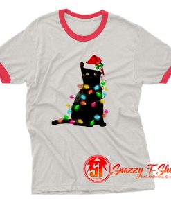 Black Cat Christmas Light Ringer Tee