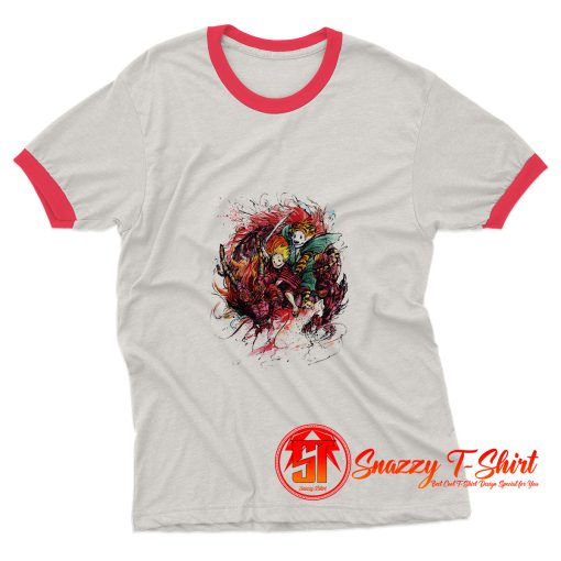 Calvin and Hobbes on a Red Dragon Ringer Tee