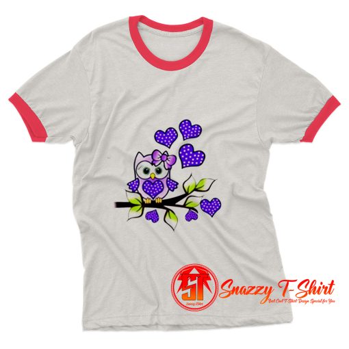 Cute Owl Shirt Owl Pink Bow On The Branch Blue Heart Ringer Tee