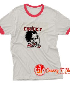 Evil Chucky Posed With Knife Drawing Image Ringer Tee