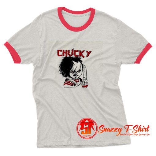 Evil Chucky Posed With Knife Drawing Image Ringer Tee