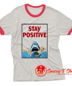 Funny Stay Positive Shark Attack Retro Comedy Ringer Tee