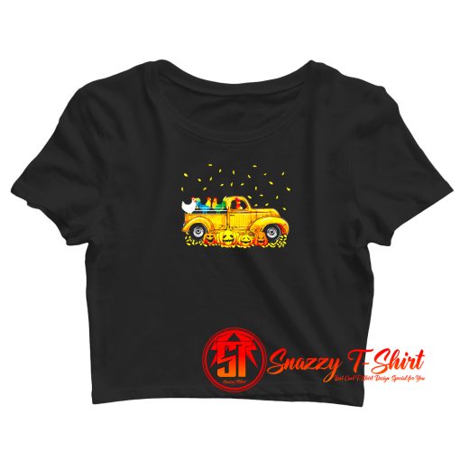 Yellow Car Truck Chickens And Pumpkins Halloween Crop Top Shirt